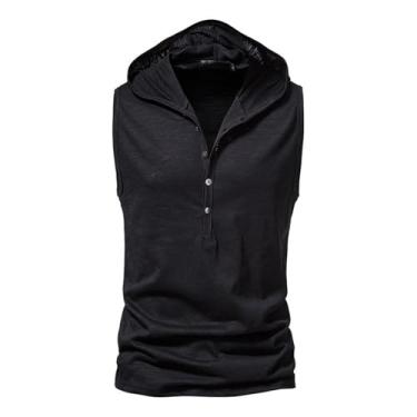 Imagem de Cekaso Regata masculina de algodão, com capuz, sem mangas, Henley para treino, casual, com capuz, colete de ginástica muscular, Preto, M