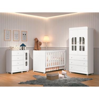 Imagem de Quarto de Bebê Completo com Guarda Roupa, Cômoda e Berço Katatau Branco - Rede Móveis