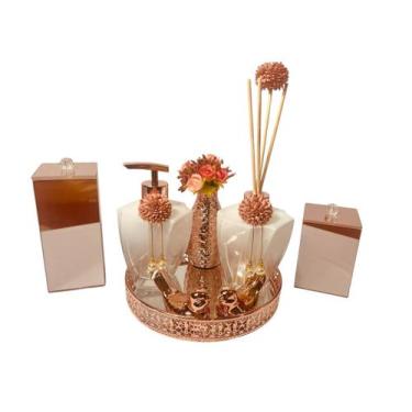Imagem de Kit Lavabo Rose Gold Potes Bandeja Vaso Difusor Sabonete - Ateliê Cria