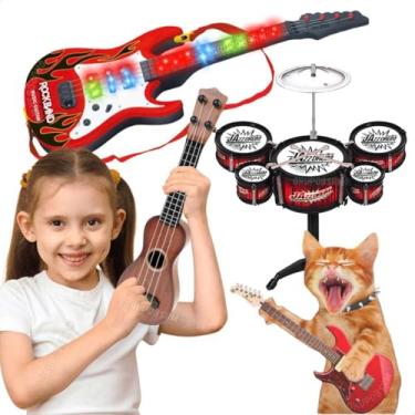 Imagem de Instrumentos Musicais Guitarra Brinquedo Luz Som Mini Bateria Violão Ukulele Infantil Educativo Pedagógico Musicoterapia Presente Natal Dia das Crianças Menino Menina (Bat. Vermelha / Violão Escuro)