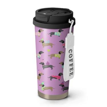 Imagem de Xchearser Caneca de café fofa de Dachshund de 510 g com tampa e canudo, garrafa de água com isolamento de aço inoxidável roxo com alça, presentes para mulheres amantes de animais