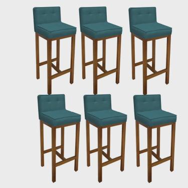 Imagem de Kit 06 Banqueta Alta Com Encosto Alba Cozinha Balcão Bistrô Base Madeira Rústico Suede Azul Turquesa - Ahz Móveis