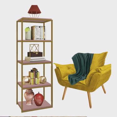 Imagem de Kit Poltrona Fatte com Manta Soft Verde e Estante Livreiro Ferro Dourado mdf Rose Suede Amarelo - Ahz Móveis