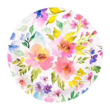 Imagem de Elyxio 24 peças de pratos de papel floral primavera verão flores descartáveis festa sobremesa prato 18 cm aquarela roxo rosa buquê prado pratos para aniversário, casamento, bebê, chá de panela