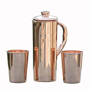Imagem de Jarro de cobre com 2 copos brilhantes de capacidade de 1 litro, sem forro, sem revestimento e sem laca, para benefícios de saúde Ayurveda feito de cobre puro