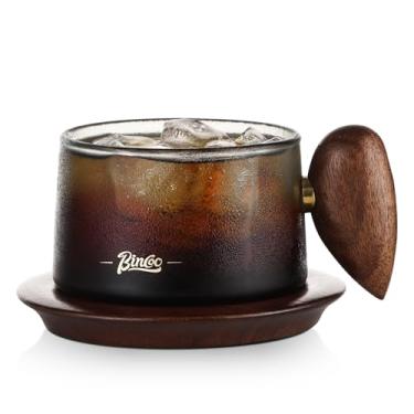 Imagem de Bincoo Conjunto de copos e pires de café de vidro - Caneca de café gelada de vidro transparente de 250 ml, xícara de café expresso, xícara de chá com alça de nogueira e porta-copos de madeira (cinza)