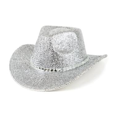 Imagem de EOGIMI Chapéu de cowboy masculino e feminino, estilo ocidental, com glitter, cosplay, festa, Prata, M