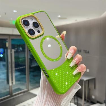 Imagem de Glitter Diamond Make Up Mirror Magnetic Phone Case para iPhone 15 14 11 12 13 16 Pro Max Plus Capa de carregamento sem fio, verde, para iPhone 12 Pro Max
