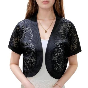 Imagem de FindThy Bolero feminino curto manga curta frente aberta renda floral vazada cardigã jaqueta, 01 preto, GG