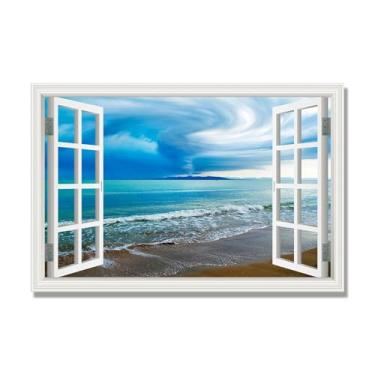 Imagem de Janela de arte de parede com impressão em tela. Visualização de janela falsa. Impressão de imagem natural em tela. Arte de parede para sala de estar. (Cenário à beira-mar 24). Somente tela de 70 x 105