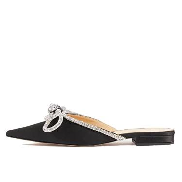 Imagem de Divanne Mocassim feminino sem cadarço, bico fino, costas nuas, strass, laço sem cadarço, Preto, cetim, 38