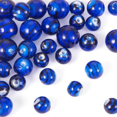 Imagem de Spritewelry Contas redondas Lampwork 8/10/12 mm Rondelle contas espaçadoras de vidro liso 32 peças azul escuro feito à mão com padrão de tira redonda para fabricação de joias