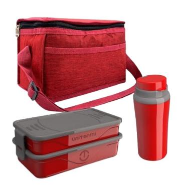 Imagem de Kit Lanche Térmico, Marmita Dupla com Bolsa Térmica e Copo, Vermelho, para Viagem e Piquenique