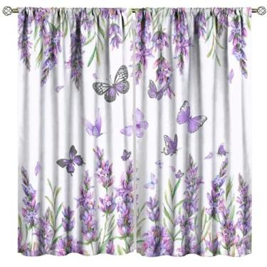 Imagem de Cortinas de lavanda boêmia, arte minimalista moderna aquarela primavera roxo floral planta borboleta tratamentos de janela, cortinas blackout com bolso para varão para sala de estar, quarto, cozinha