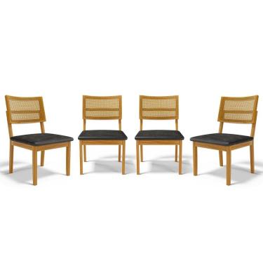 Imagem de Kit Com 4 Cadeiras Aline Madeira Maciça Assentos Estofados Encostos De Tela Palha Sextavada