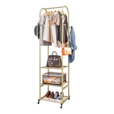 Imagem de SUOERNUO Suporte para roupas com rodas e prateleiras de metal de 3 camadas, suporte para pendurar roupas com 4 ganchos, organizador de guarda-roupa para espaços pequenos, preto (dourado, 40 x 46 x 18
