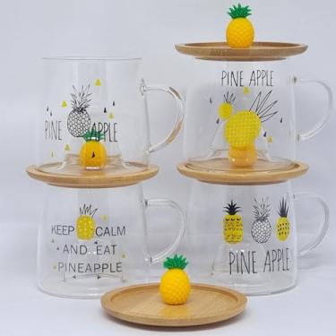 Imagem de Caneca Xícara Vidro Duplo com Pires Tampa Bambu 250 ml (Abacaxi)