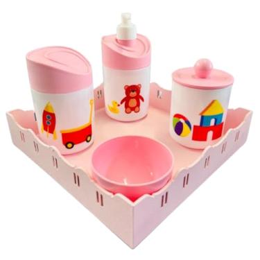 Imagem de Kit Higiene Baby Brinquedos Menino e Menina c/bandeja em MDF (Quadrada rosa/rosa)