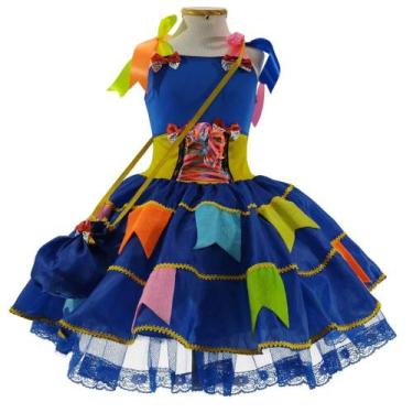 Imagem de Vestido Festa Junina Infantil Luxo Azul Com Bandeirinhas e Bolsa - Fan