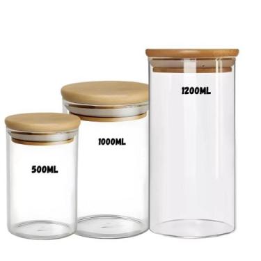 Imagem de Kit 3 Potes de Vidro Hermético Com Tampa de Bambu Multiuso Cozinha - S