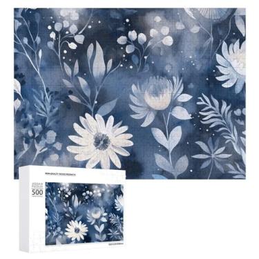 Imagem de Quebra-cabeça para adultos 1000 peças quebra-cabeça desafiador flores em fundo azul quebra-cabeça com letras na parte de trás quebra-cabeça personalizado perfeito para noites de jogo