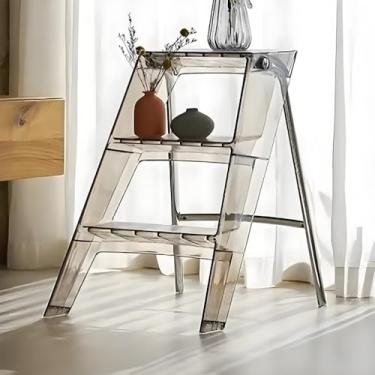Imagem de Lzyjckh Escadas de acrílico de 3 degraus, Banco dobrável com degraus, Puffs decorativos modernos, Prateleira expositora, para closet, sala de estar, jardim, varanda,Gray,52x44x63cm