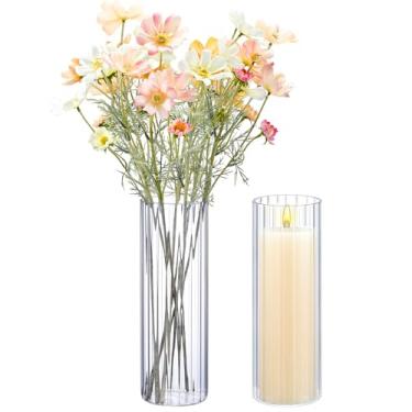 Imagem de Ninehaoou 2 peças de vasos cilíndricos com nervuras de vidro de 30 cm de altura, vaso de flores com vela flutuante transparente a granel, suporte de vela furacão para mesa de presente de inauguração
