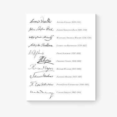 Imagem de Assinaturas de compositores clássicos famosos | Vivaldi Bach Mozart Beethoven Wagner Schubert Chopin Brahms DeBussy | Música | Arte de sala de estar | Decoração de casa | Impressão de arte de parede