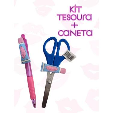 Imagem de Kit Tesoura e Canetas esferografica hidratante labial tesoura sem ponta escolar e caneta azul papelaria