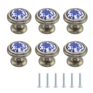 Imagem de MY MIRONEY 6 peças puxadores redondos de cerâmica e liga de zinco de 3,15 cm, maçanetas de porcelana azul e branca, maçanetas de cozinha de bronze antigo com parafusos