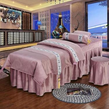 Imagem de Conjuntos De Lençóis De Mesa De Massagem Europeia De Luxo De 4 Peças, Cama De Massagem Corporal Spa Table Skirt Sheet 4 Peças Colcha Com Orifício De Descanso Facial, D, 190x80cm(75x31inch)