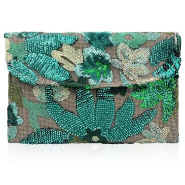 Imagem de Bolsa clutch de casamento bordada de lantejoulas para mulheres - Bolsa de noite com envelope floral com contas | Bolsa de festa fina | Casamento, Formatura, Verde, 10 x 7 x 0.6 inches