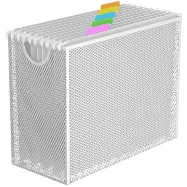 Imagem de GoldOrcle Caixa organizadora de arquivos pendurada branca, moldura de pasta de arquivo suspensa com 5 pastas suspensas tamanho carta, armazenamento de pasta de arquivos de mesa de malha de metal (não