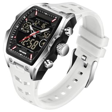 Imagem de findtime Relógio digital masculino à prova d'água para homens, alarme analógico, cronômetro, cronômetro, relógio de pulso com design exclusivo Tonneau e pulseira de silicone, Branco, Casual
