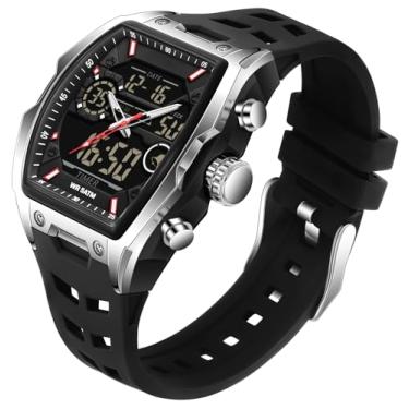 Imagem de findtime Relógio digital masculino à prova d'água para homens, alarme analógico, cronômetro, cronômetro, relógio de pulso com design exclusivo Tonneau e pulseira de silicone, Prateado, preto, Casual