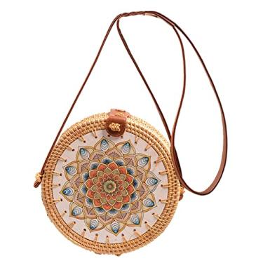 Imagem de SHAREYOIU Bolsas de ombro redondas de vime estampadas à mão estilo praia tropical natural chique com alça de couro, 15, Big，7.87x 3.2 inch
