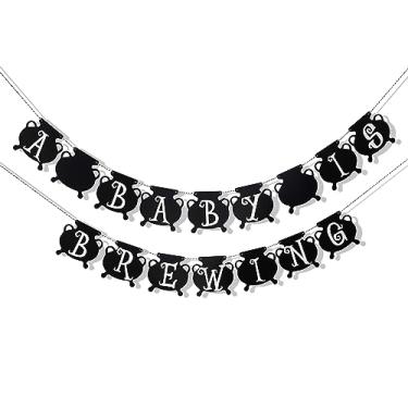 Imagem de Faixa de Halloween A Baby is Brewing Baby Shower - Decorações de chá de bebê de Halloween, faixa preta para bebê, festa de revelação de gênero de bruxa de caldeirão