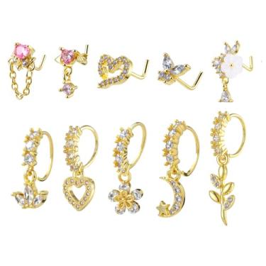 Imagem de 10 anéis de nariz pendurados em ouro de 20 g para mulheres brincos de nariz em forma de L com berloque indiano piercing joia