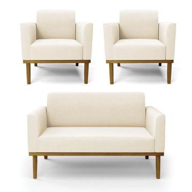 Imagem de Sofá Namoradeira Com 2 Poltronas Base De Madeira Fixa Castanho Marisa 