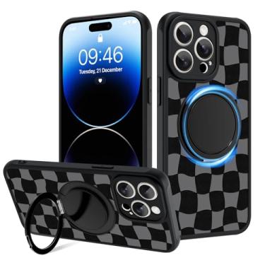 Imagem de Fiyart Capa projetada para iPhone 14 Pro, suporte de anel quadriculado, suporte magnético, compatível com proteção de lente de câmera MagSafe para mulheres e homens, tabuleiro de xadrez de 6,1