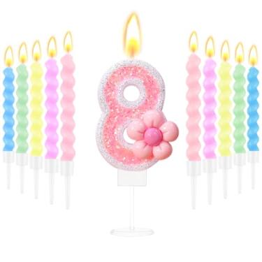 Imagem de Velas de aniversário para bolo com glitter rosa número 8 velas com 10 peças de velas espirais para decoração de festa de aniversário de 8 anos de idade suprimentos de bolo de casamento, aniversário de