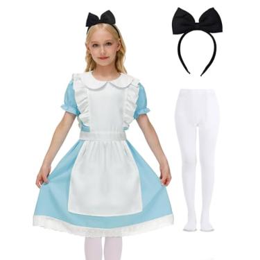 Imagem de BesserBay Vestido azul para meninas Halloween manga bufante laço cintura Peter Pan gola azul com faixa de cabeça meias 4-14 anos, Azul e branco, 8 Anos
