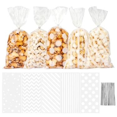 Imagem de Sacos de guloseimas de celofane branco, 100 peças de plástico transparente, saco de presente de biscoito com gravatas, listras, pontos, estampa de estrela de onda, estampa para lembrancinhas de Natal