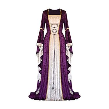 Imagem de Xplanet Vestido Renascentista Fantasia Feminina Medieval Faire Halloween Cosplay Veludo Retrô Gótico Vestido Longo, Roxa, 4G