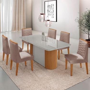 Imagem de Mesa Jantar Aspen Tampo MDF Vidro 6 Cadeiras Eloise Moderna Linho Capuccino Off White