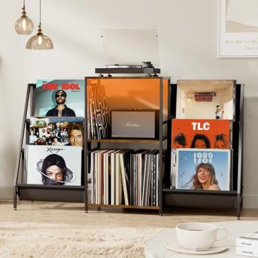 Imagem de ZIFTY Suporte para toca-discos de vinil com suporte de exibição de 6 níveis com luz LED para toca-discos para 300 álbuns, prateleira de mídia, gabinete, console de gabinete estéreo para entusiastas de