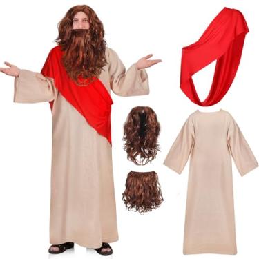 Imagem de Mepase Conjunto de 3 peças de fantasia de Jesus Cristo de linho para adultos fantasia de santo bíblico roupão religioso peruca bigode cachecol conjunto de xaile para decoração masculina