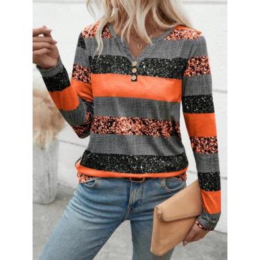 Imagem de Blusa Feminina Listrada de Manga Comprida - Decote V - Casual - Primav