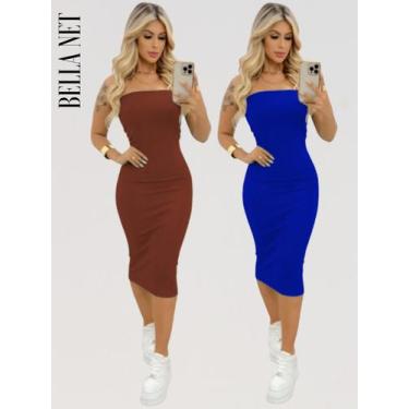 Imagem de KIT 2 Vestidos Midi Colado Sem Alça Anarruga Sem Bojo Lindas Cores - B