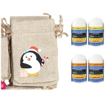 Imagem de Mini protetor labial SPF – Pacote com 4 (redemoinho de baunilha e amêndoa) – Escolha 1 bolsa de presente pequena: Papai Noel, rena, boneco de neve ou pinguim (pinguim)